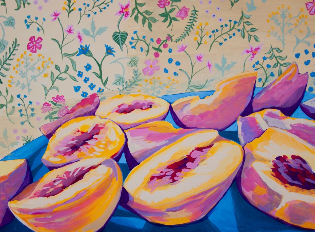 Gouache painting of peaches and floral wallpaper.