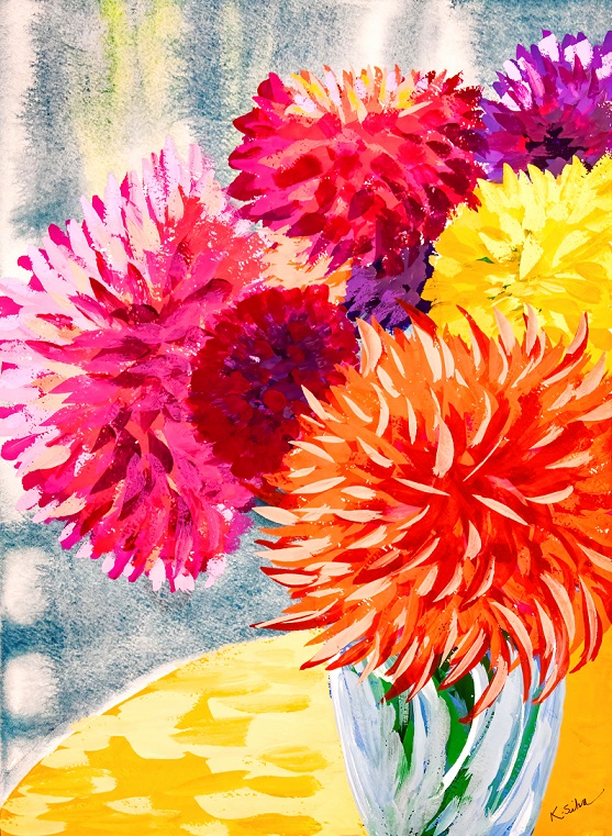 Brightly colored dahlia flowers in pink, orange, red and purple with expressionistic brushwork.