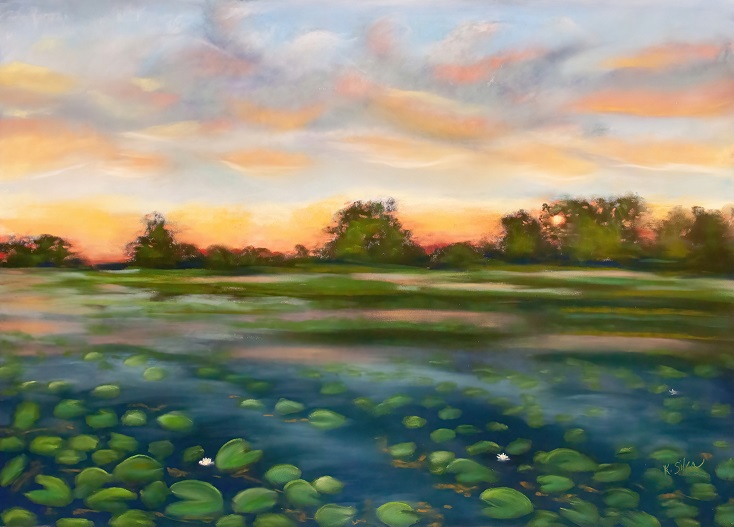 Pastel painting of sunset over pond with lily pads.